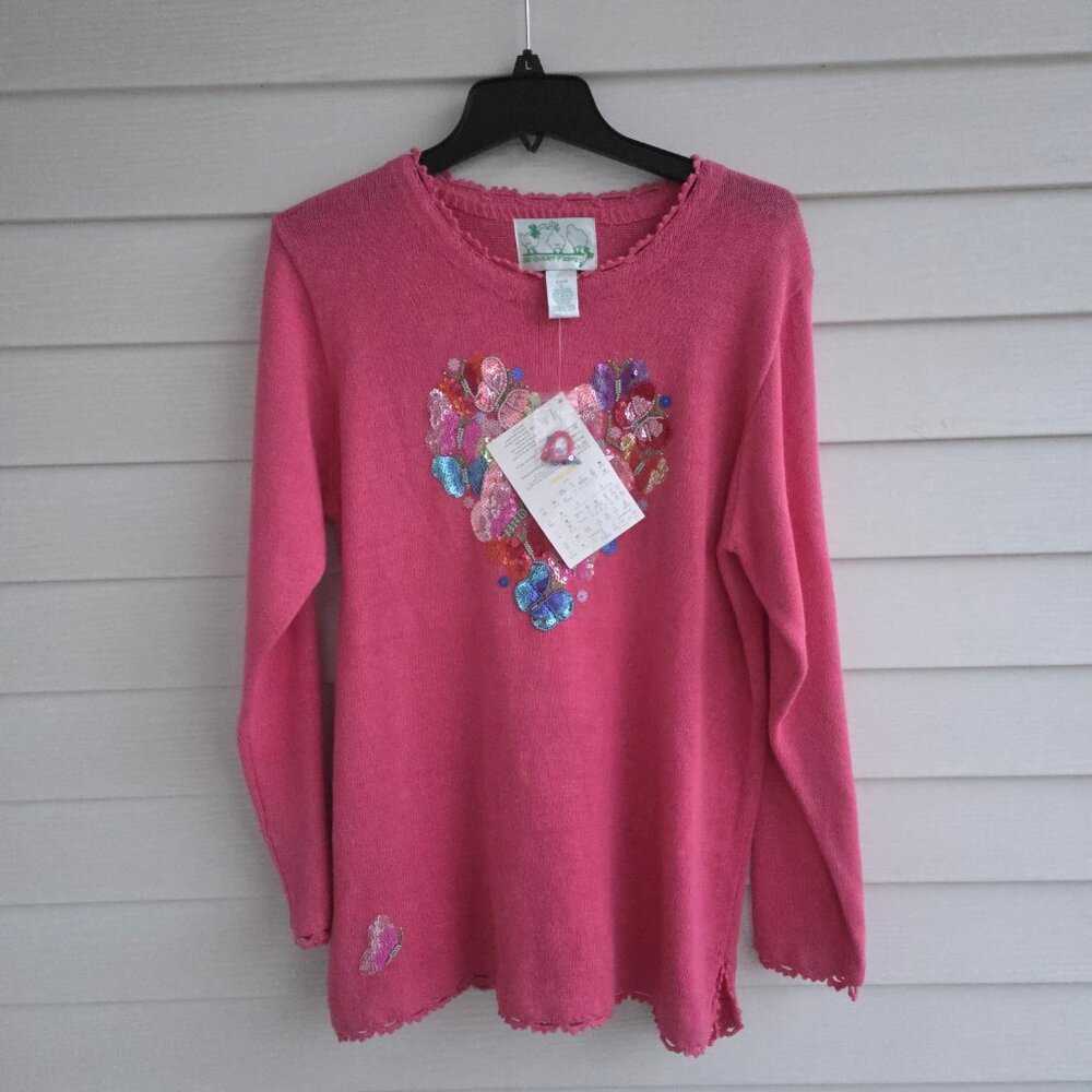Y2K NWT Pink sequined Butterfly Heart sweater from Quacker Factory - Picture 2 of 7